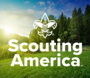 Scouting America wordmark and logo on a background of a field and forest